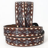 BAR H EQUINE Genuine White Flower Hand Painted Western Leather Men And Women Belt Dark Brown