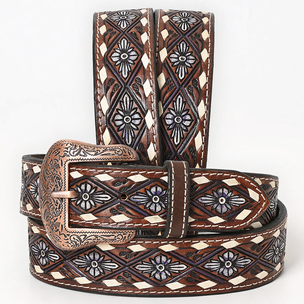 BAR H EQUINE Genuine White Flower Hand Painted Western Leather Men And Women Belt Dark Brown - Uhorse