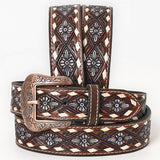 BAR H EQUINE Genuine White Flower Hand Painted Western Leather Men And Women Belt Dark Brown