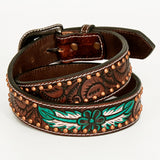 BAR H EQUINE Brown Natural Floral Hand Painted Hand Carved Fashion Premium Leather Belt Unisex Western Belt with Removable Buckle