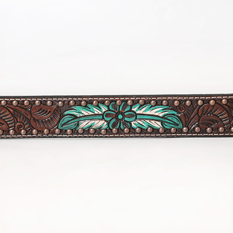 BAR H EQUINE Brown Natural Floral Hand Painted Carved Fashion Premium Leather Belt Unisex Western with Removable Buckle