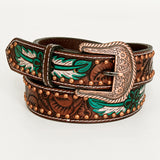 BAR H EQUINE Brown Natural Floral Hand Painted Hand Carved Fashion Premium Leather Belt Unisex Western Belt with Removable Buckle