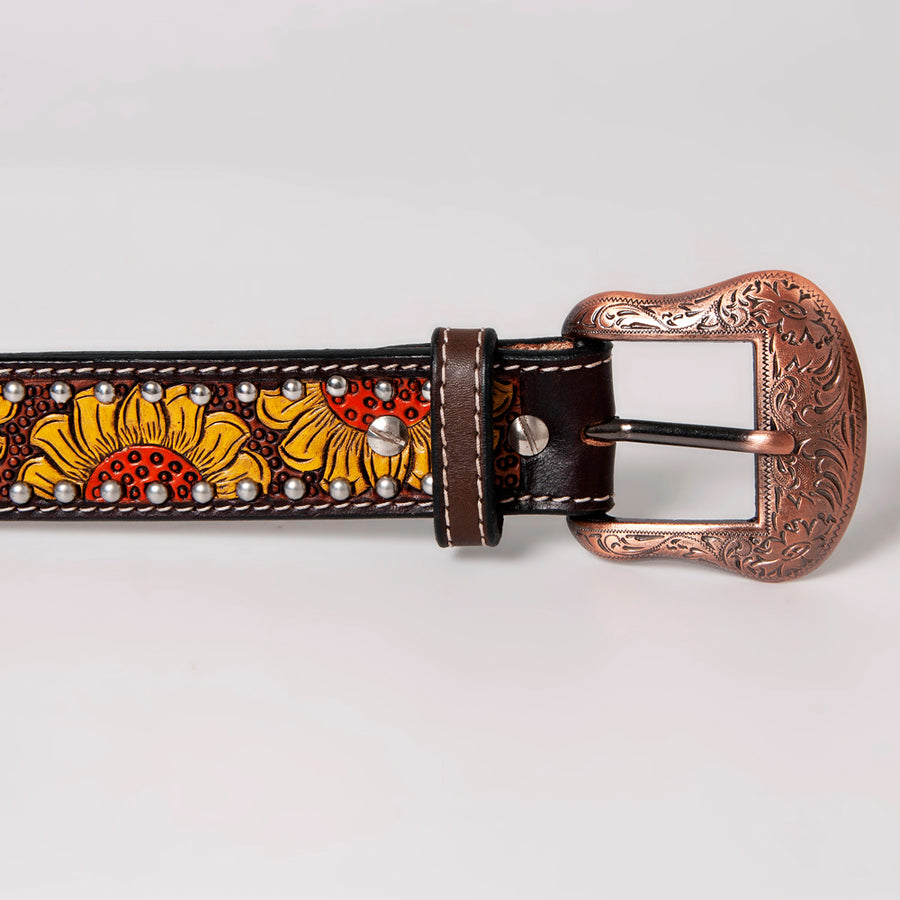 BAR H EQUINE Brown Sunflower Floral Hand Painted Carved Fashion Premium Leather Belt Unisex Western