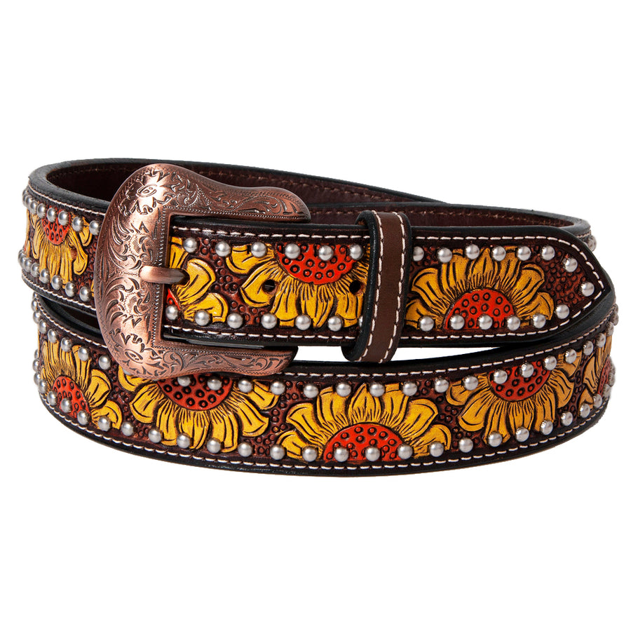 BAR H EQUINE Sunflower Floral Hand Painted Western Leather Men And Women Belt Brown - Uhorse