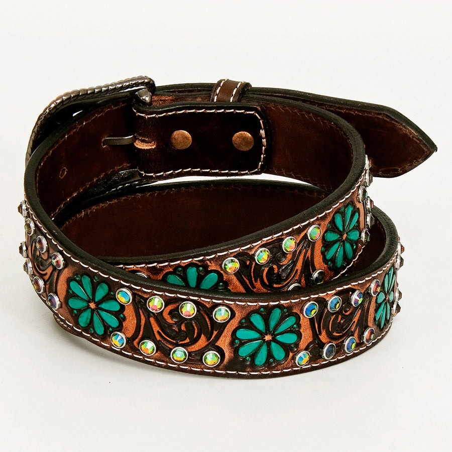 BAR H EQUINE Brown Turquoise Flower Hand Carved Fashion Premium Leather Belt Unisex Western with Removable Buckle