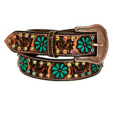 BAR H EQUINE Brown Turquoise Flower Hand Carved Fashion Premium Leather Belt Unisex Western with Removable Buckle
