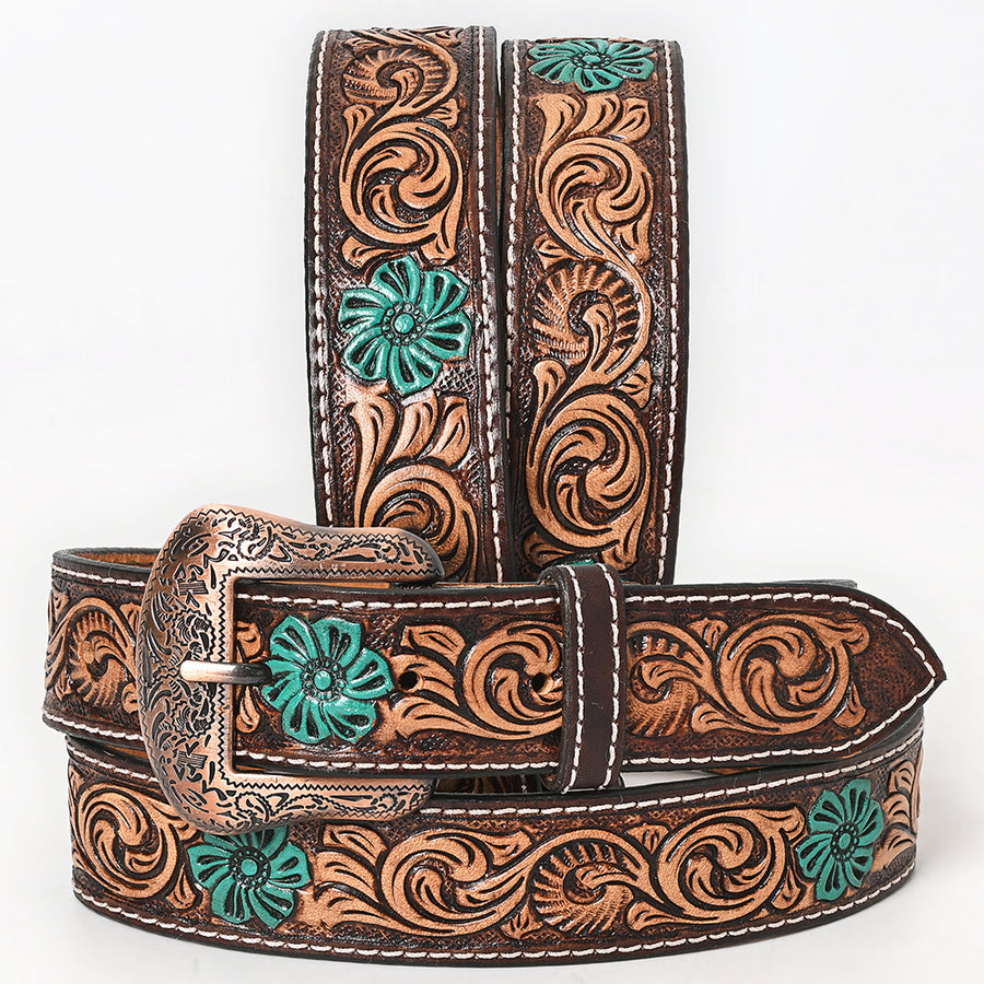 BAR H EQUINE Turquoise Flower Hand Painted Western Leather Men And Women Belt Brown - Uhorse