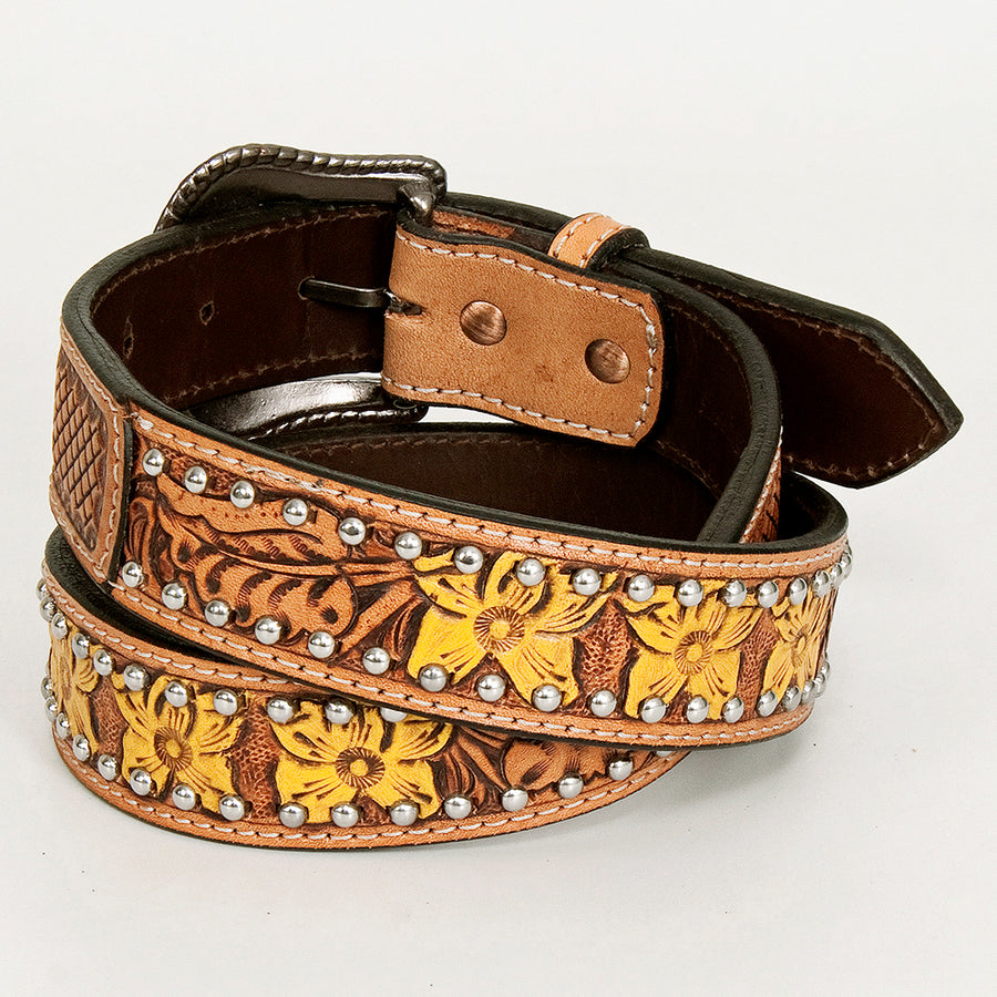 BAR H EQUINE Tan Daffodil Floral Hand Painted Carved Fashion Premium Leather Belt Unisex Western with Removable Buckle
