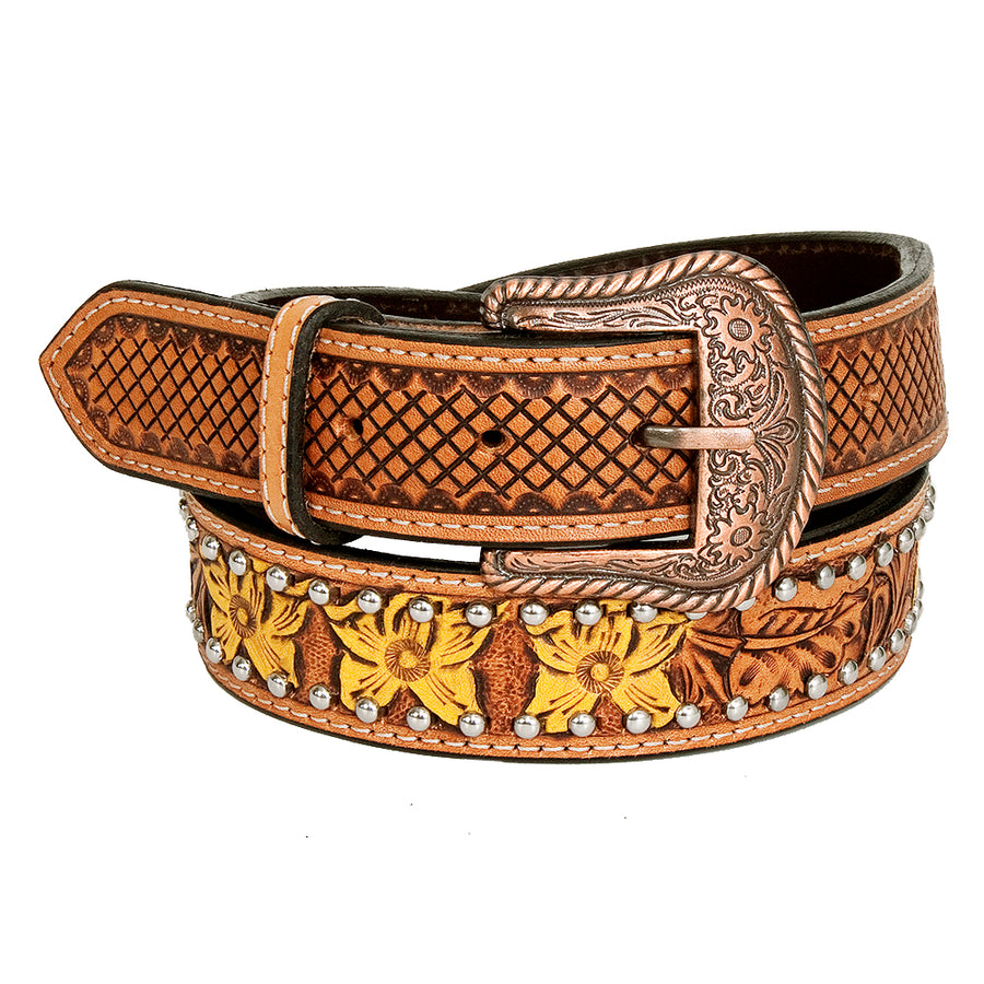 BAR H EQUINE Daffodil Floral Hand Painted Western Fashion Leather Men And Women Belt Tan - Uhorse