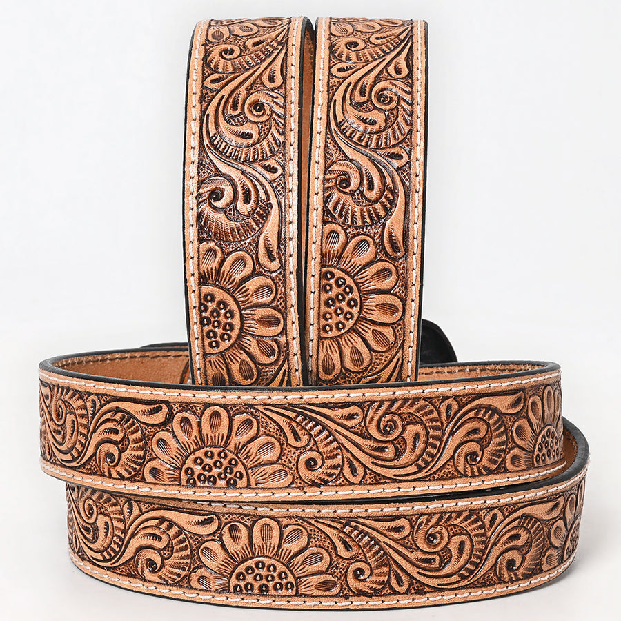 BAR H EQUINE Brown Sunflower Floral Hand Carved Fashion Premium Leather Belt Unisex Western with Removable Buckle