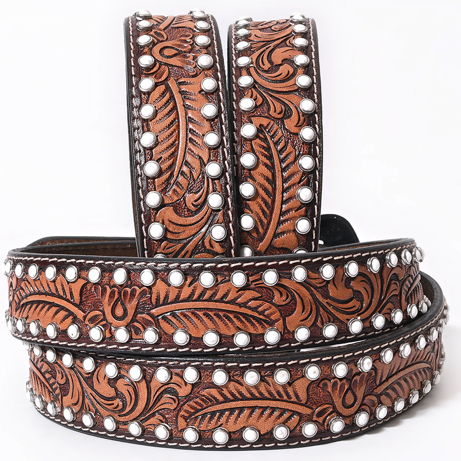 Bar H Equine Floral Leaf White Crystal Hand Carved Genuine Leather Brown Unisex Western Belt | for Men Women wit