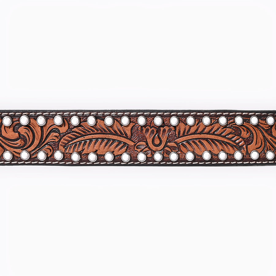 Bar H Equine Floral Leaf White Crystal Hand Carved Genuine Leather Brown Unisex Western Belt | for Men Women wit