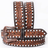Bar H Equine Floral Leaf White Crystal Hand Carved Genuine Leather Brown Unisex Western Belt | for Men Women wit