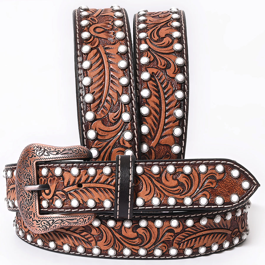 BAR H EQUINE Floral Leaf White Crystal Hand Carved Western Leather Men And Women Belt Brown - Uhorse