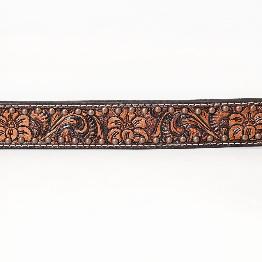 BAR H EQUINE Brown Floral Hand Tooled Fashion Premium Leather Belt Unisex Western with Removable Buckle