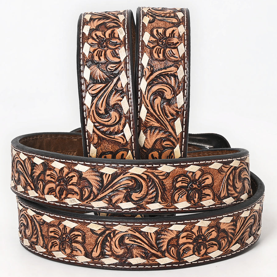 BAR H EQUINE Brown Floral Hand Tooled Fashion Premium Leather Belt Unisex Western with Removable Buckle