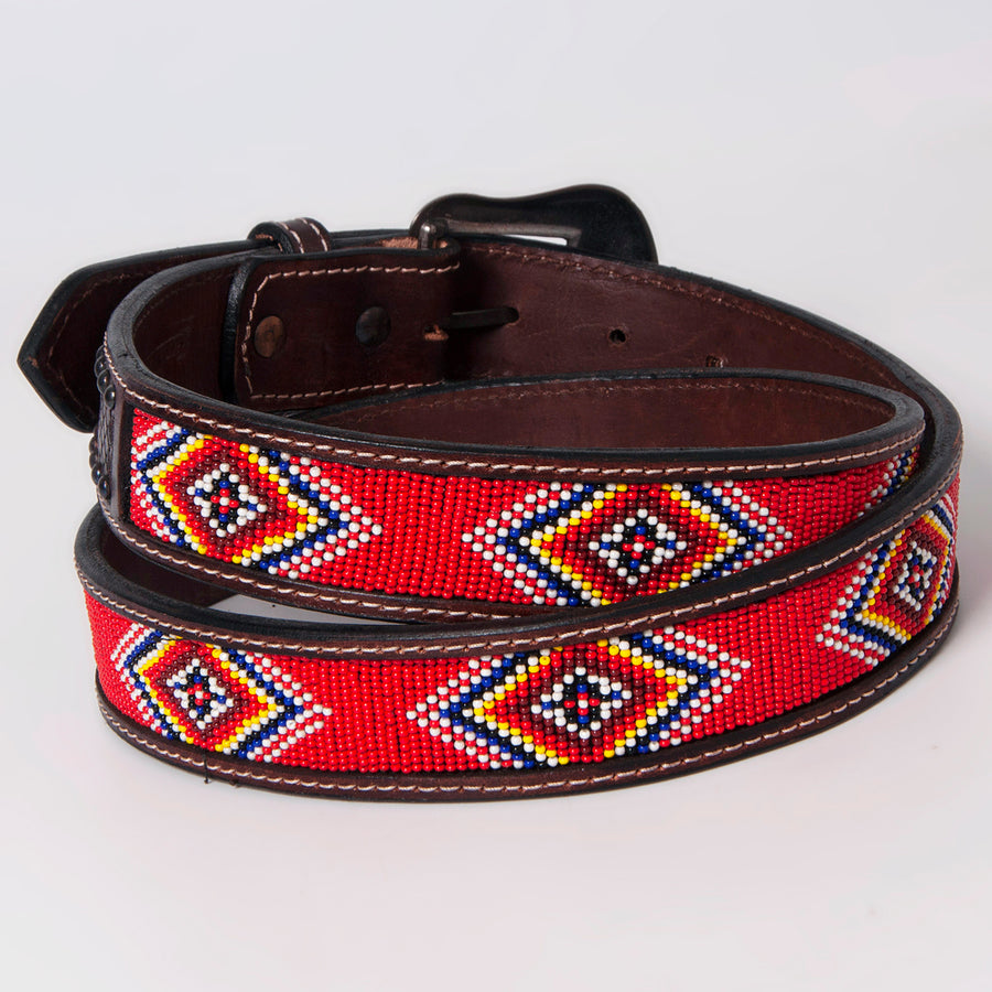 Bar H Equine Hand Carved & Crafted Genuine Leather Red Beaded Black Crystal Unisex Western Belt Carving Antique Brown