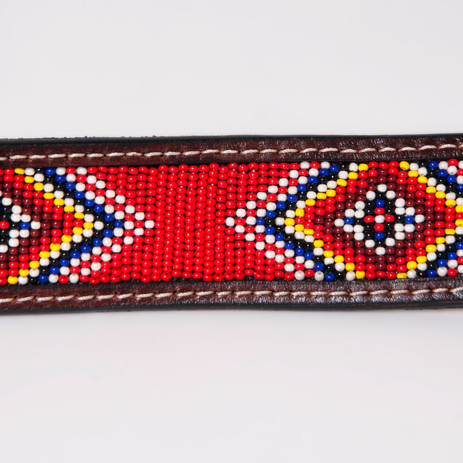 Bar H Equine Hand Carved & Crafted Genuine Leather Red Beaded Black Crystal Unisex Western Belt Carving Antique Brown