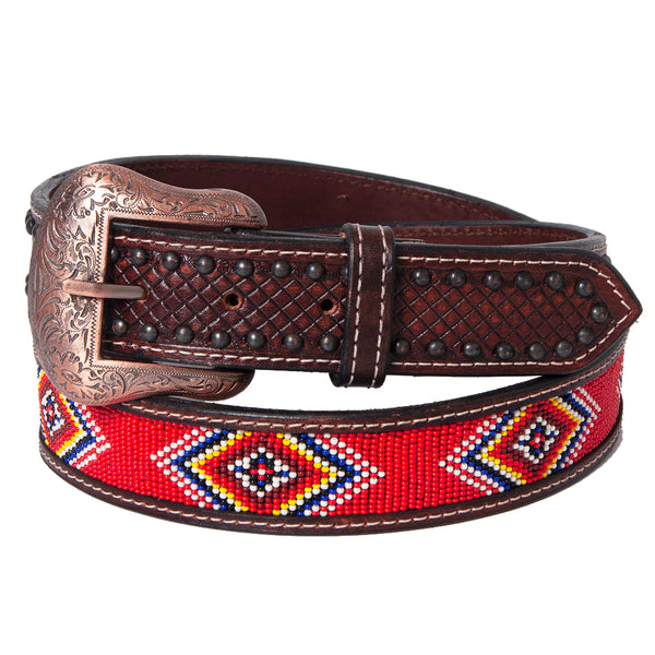 BAR H EQUINE Red Beaded Black Crystal Hand Carved Western Leather Belt Antique Brown - Uhorse