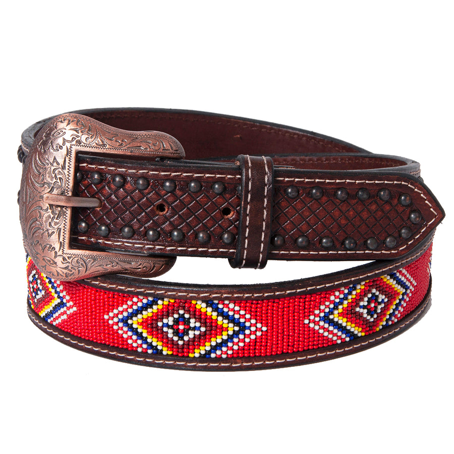 BAR H EQUINE Red Beaded Black Crystal Hand Carved Western Leather Belt Antique Brown - Uhorse