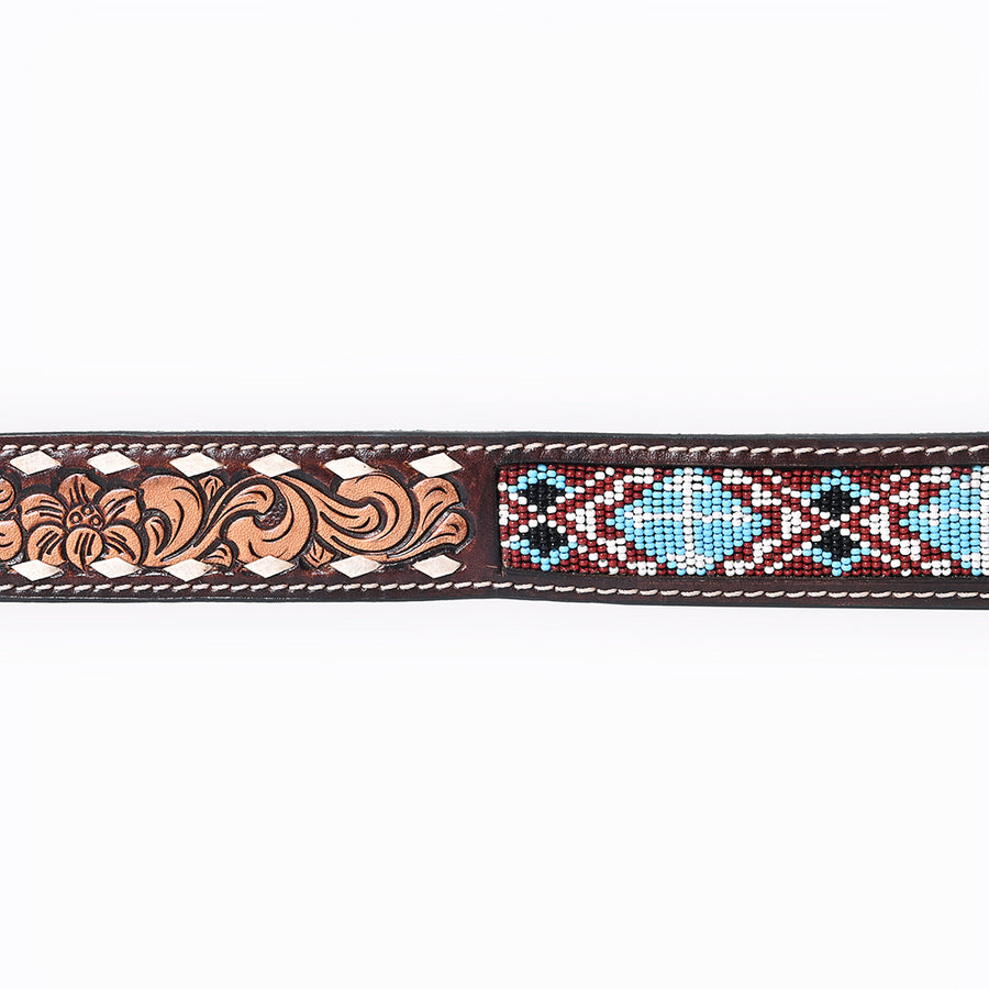 Bar H Equine Hand Tooled Genuine Leather Crafted Unisex Brown Western Belt Beaded Carving | Bead Belts for Women Men