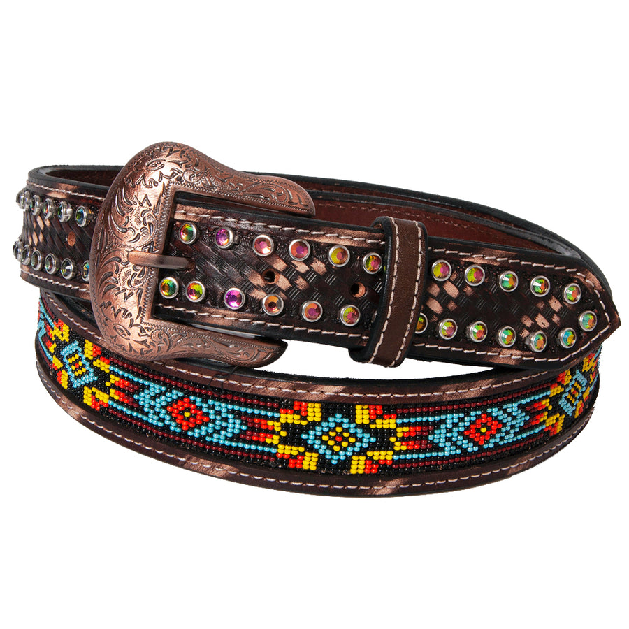 BAR H EQUINE Beaded Crystal Basket Tooled Hand Carved Western Leather Men And Women Belt Antique Brown - Uhorse