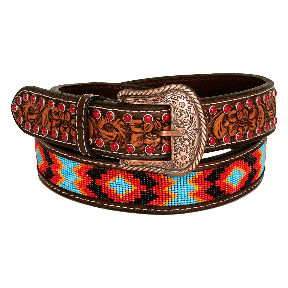 Red Crystal Beaded Floral Hand Carved Western leather Men And Women Belt Brown