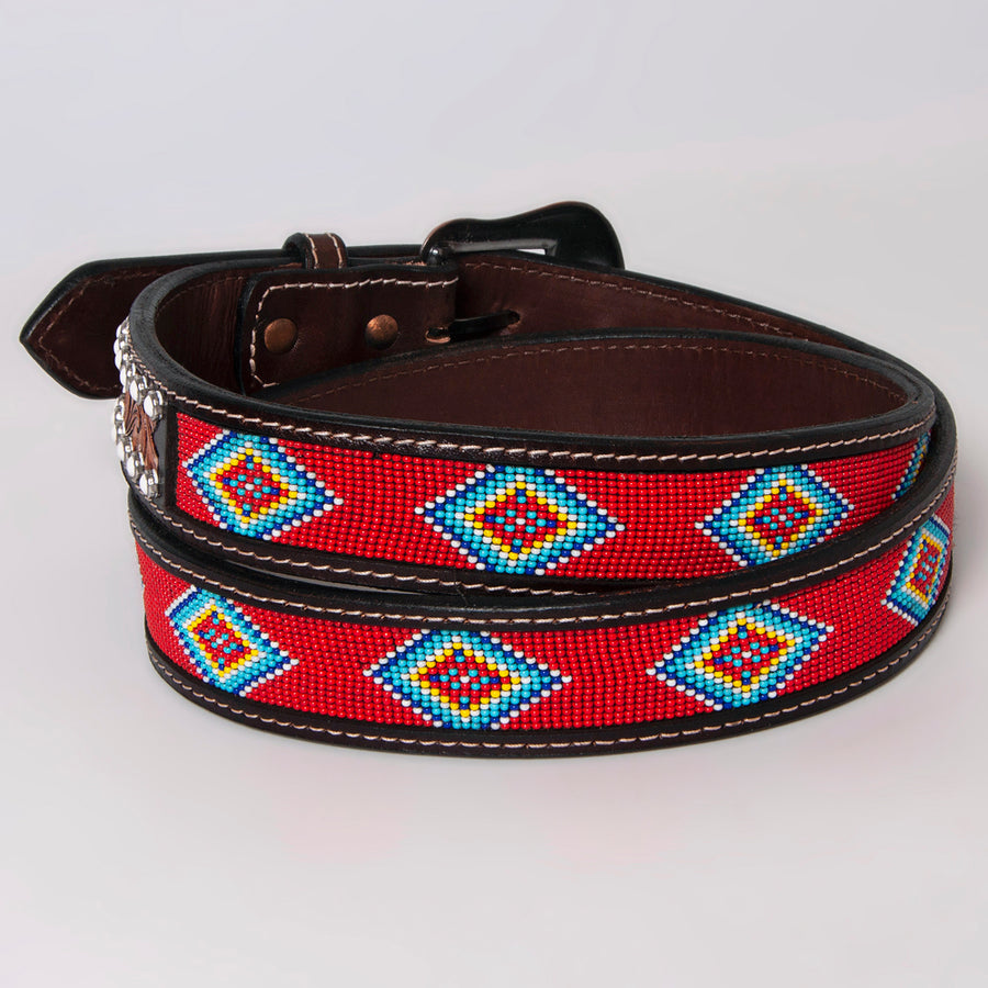 BAR H EQUINE Red Beaded White Crystal Floral Hand Carved Western Men & Women Belt Unisex Carving Brown