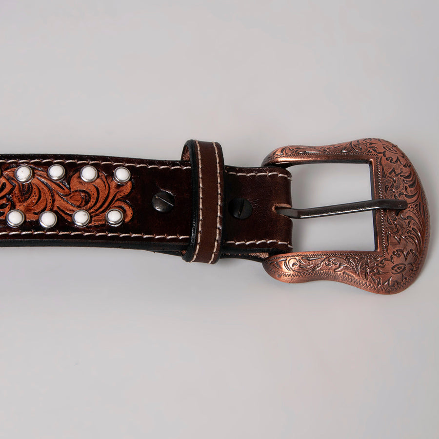 BAR H EQUINE Red Beaded White Crystal Floral Hand Carved Western Men & Women Belt Unisex Carving Brown