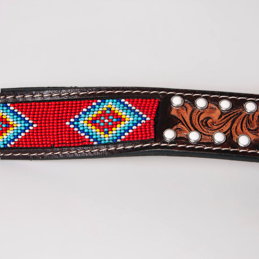 BAR H EQUINE Red Beaded White Crystal Floral Hand Carved Western Men & Women Belt Unisex Carving Brown