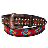 BAR H EQUINE Red Beaded White Crystal Floral Hand Carved Western Men And Women Belt Brown - Bar H Equine