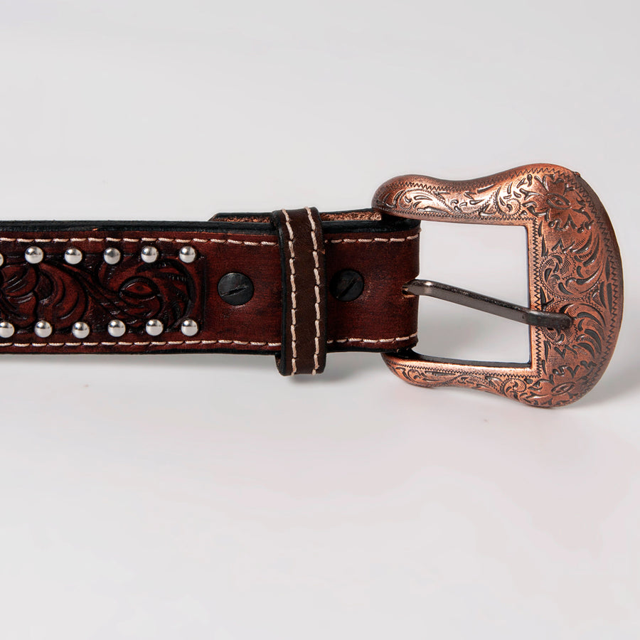 Bar H Equine Hand Tooled Genuine Leather Crafted Unisex Antique Brown Western Belt Beaded Carving | Bead Belts for Women