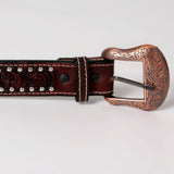 Beaded Floral Hand Carved Western Leather Men And Women Belt Antique Brown