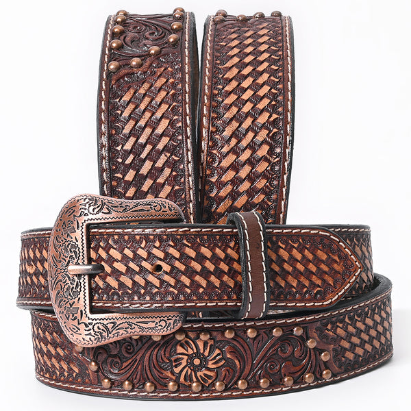 BAR H EQUINE Floral Basket Hand Tooled Western Leather Men And Women Belt Brown - Uhorse