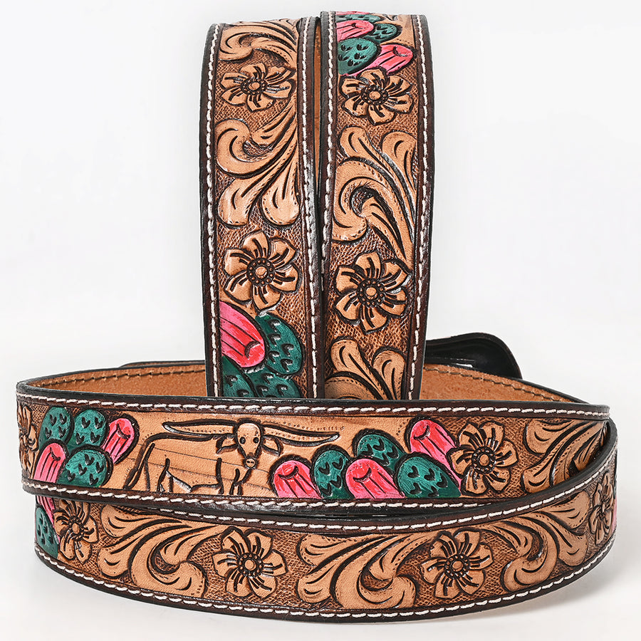 BAR H EQUINE Tan Floral Cactus Bull Hand Carved Genuine Leather Men & Women Belt Unisex Western with Removable Buckle