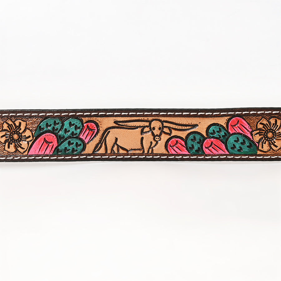 BAR H EQUINE Tan Floral Cactus Bull Hand Carved Genuine Leather Men & Women Belt Unisex Western with Removable Buckle