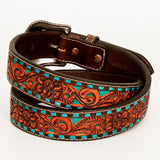 Turquoise Buckstitch Floral Hand Carved Western leather Men And Women Belt