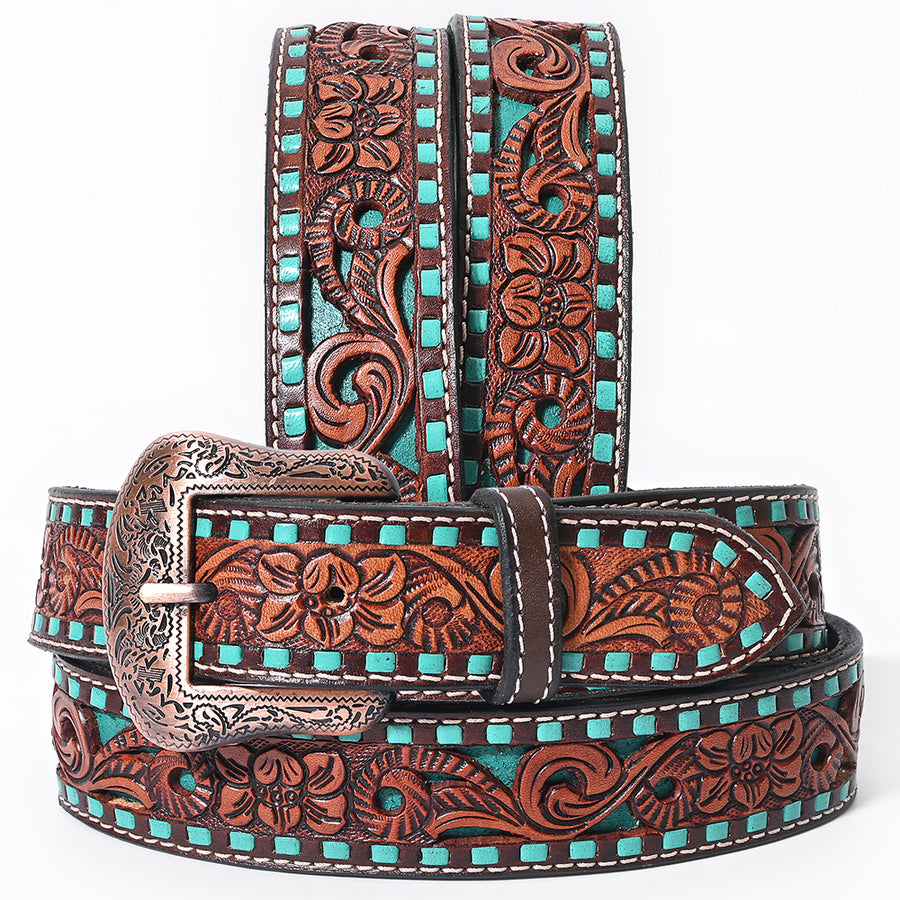 BAR H EQUINE Turquoise Buckstitch Floral Hand Carved Western Leather Men And Women Belt - Uhorse