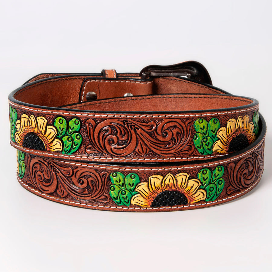 BAR H EQUINE Brown Floral Sunflower Cactus Hand Painted Genuine Leather Men & Women Belt Unisex Western with Removable Buckle