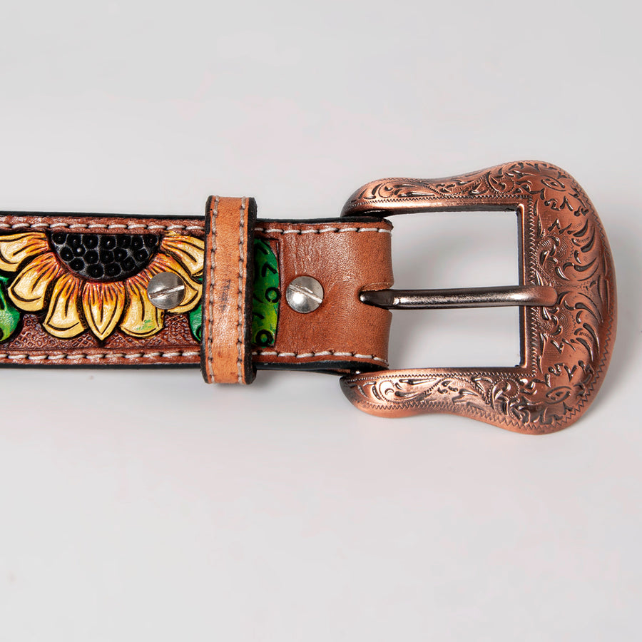 BAR H EQUINE Brown Floral Sunflower Cactus Hand Painted Genuine Leather Men & Women Belt Unisex Western with Removable Buckle