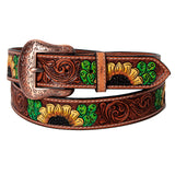 BAR H EQUINE Brown Floral Sunflower Cactus Hand Painted Genuine Leather Men & Women Belt Unisex Western Belt with Removable Buckle