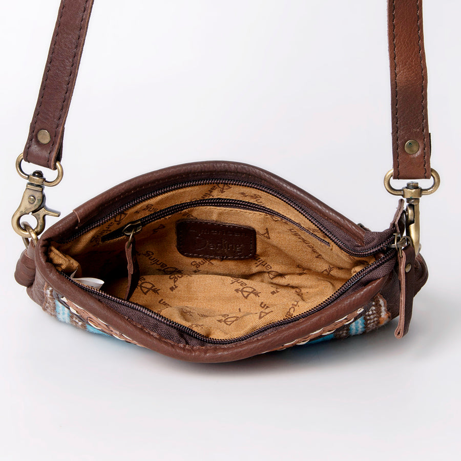 American Darling Women's Small Cross body Bag Hand Woven Saddle Blanket Hand Tooled Fringes Genuine Leather YKK Zipper