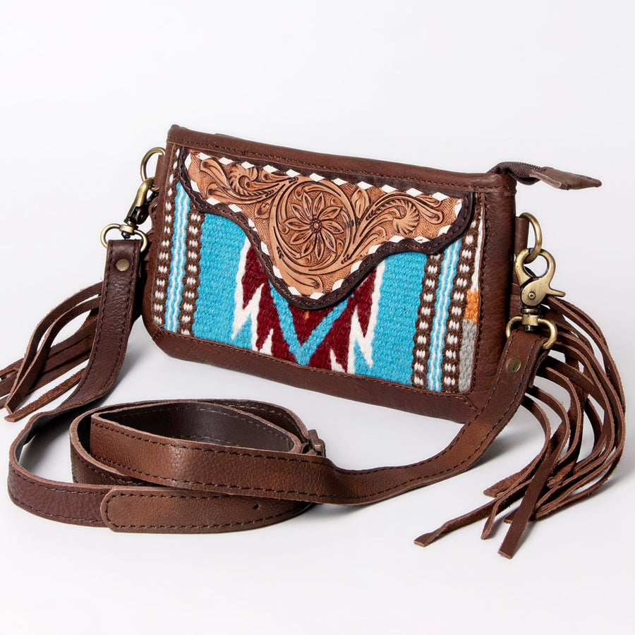 American Darling Small Cross body Bag Hand Tooled Woven Saddle Blanket - Uhorse
