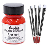 1 Oz Angelus Pearlescent Leather Paint Riot Red W/ 5 Pc Brush Set