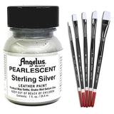 1 Oz Angelus Pearlescent Leather Paint Sterling Silver W/ 5 Pc Brush Set