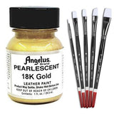 1 Oz Angelus Pearlescent Leather Paint 18K Gold W/ 5 Pc Brush Set