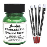 1 Oz Angelus Pearlescent Leather Paint Emerald Green W/ 5 Pc Brush Set