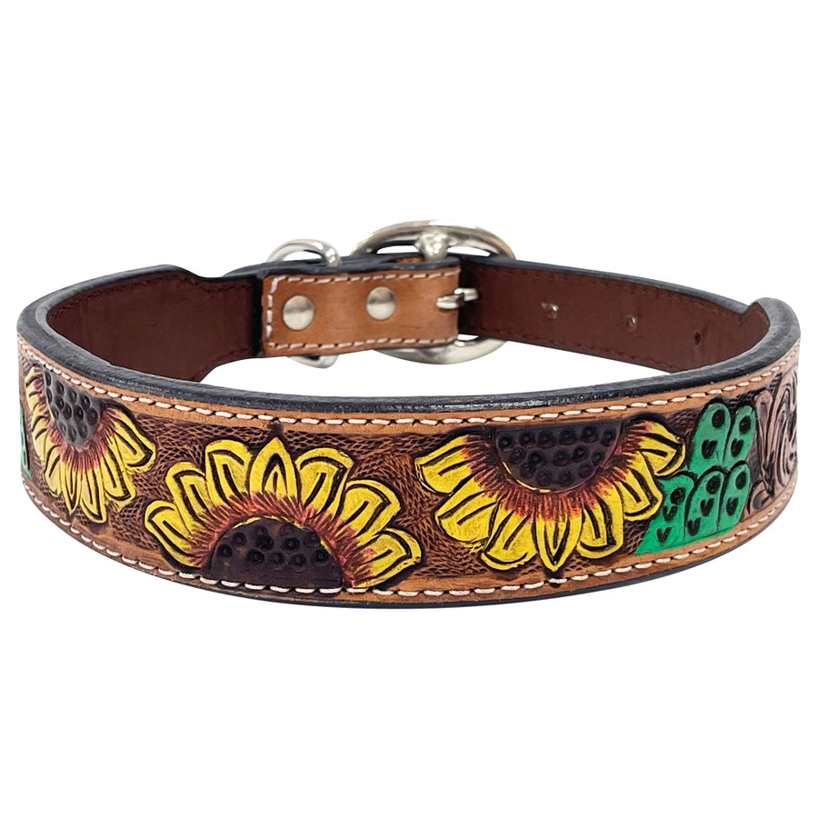 BAR H EQUINE Natural Cacti Sunflower Hand Painted Western Leather Dog Collar - Uhorse