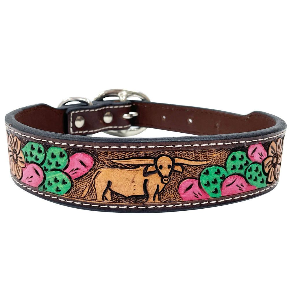 Cactus Hand Painted And Carved Western leather Dog Collar Brown