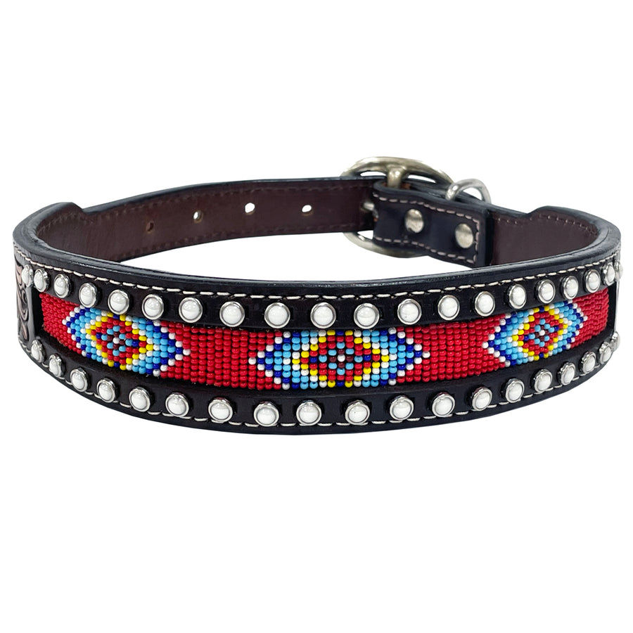 BAR H EQUINE Floral Justine Beaded Hand Tooled Western Leather Dog Collar Dark Brown - Bar H Equine